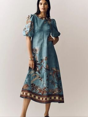 ALEMAIS Georgie Puff Sleeve Linen Midi Dress